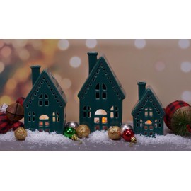 Deep Green Glazed Porcelain Holiday Tea Light Village House Figurines, Set of 3, 8 Inch