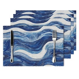 Juego de 4 manteles individuales de lino de color azul y blanco, lavables resistentes al calor, decorativos, color azul océano, blanco, decoración de mesa para el hogar, comedor, fiestas, uso al aire