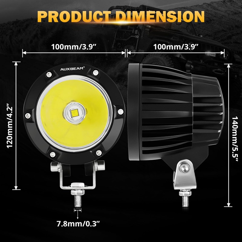 Auxbeam 4In 72W Round Led Offroad Light, 2PCS 7200LM Spot
