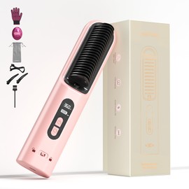 Hair Straightener Brush Portable, Cordless Hair Straightening Comb Travel with 10000mAh Rechargeable Battery, 6 Temp Mode 3 Million Negative Ions 30s Fast Heating Styling Brush with LCD Display, Pink