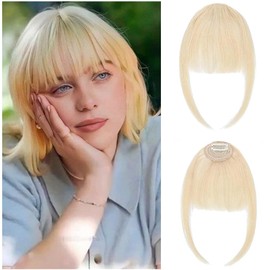 MYMYDA Clip in Bangs 100% Real Human Hair Extensions Clip on Wispy Bangs for Women Fringe with Temples Hairpieces 613 Blonde Yellow Color