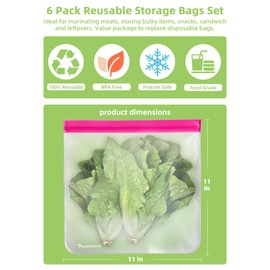 6 Pack Large Size 11 inches Reusable food Storage Bags,BPA Free PEVA Reusable Freezer Bags,Reusable Gallon Bags, Reusable Sandwich Bags (Colors-6 Pack)