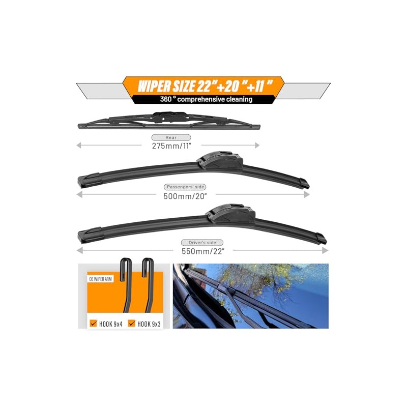 AUTOBOO Limpiaparabrisas de 22 + 20 pulgadas con limpiaparabrisas trasero