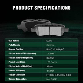 AUTOMUTO 4PCS Rear Ceramic Disc Brake Pads Set D905 For Infiniti EX35 EX37 FX35 FX37 FX45 G25 G35 G37 JX35 M35 M35h M37 M45 M56 Q40 Q50 For Nissan 350Z 370Z Altima Juke Leaf For Suzuki Grand Vitara