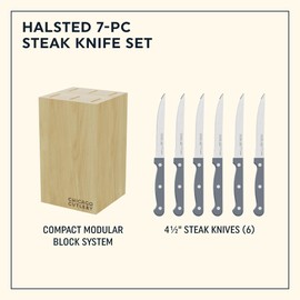 Chicago Cutlery Halsted (7-PC) Steak Knives & Wooden Block Set, Ergonomic Handles and Sharp Stainless Steel Professional Chef Cutlery Set
