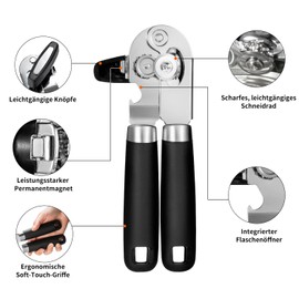 Manual Can Opener, UHIYEE Premium Can Opener Without Sharp Edges, Manual Can Opener Made of Stainless Steel with Multifunctional Bottle Opener, Black