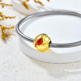 LONAGO 3D Gold Red Cardinal Charm Beads Bracelet 925 Sterling Silver Plate Yellow Gold 3D Cardinal Bird Beads Jewelry Gift for Women Mother's Day Christmas
