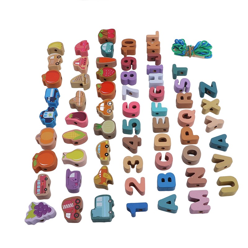64pcs Lacing Bead Set Wooden Number Fruit Pattern Stringing Beads