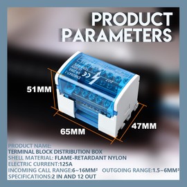 Innfeeltech 1Pcs Morsettiera di distribuzione 125A 2 In 12 Out, morsettiera su guida Din Scatola di distribuzione blu