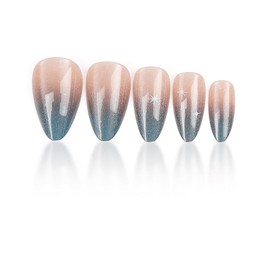 Almond Press on Nails Cat's Eye Fake Nails French Tip False Nails with Silver Ombre Designs Glue on Nails Glossy Stick on Nails Cute Artificial Nails for Women 24Pcs