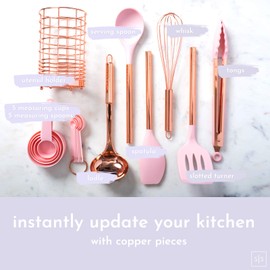 Copper and Pink Kitchen Utensils -17PC Pink Cooking Utensils Set with Holder: Pink Measuring Cups and Spoons Set, Copper Kitchen Utensils & Copper Utensil Holder- Pink Kitchen Accessories