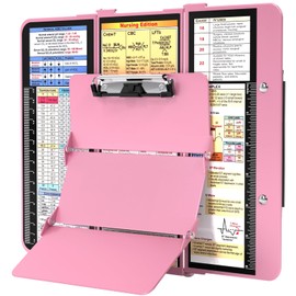 Nursing Clipboard Foldable, Foldable Clip Board w/Nursing Edition Cheat Charts, 3 Layers Aluminum, Nurse Plank w/Low Profile Clip&Pen Clip Pocket for Students, Nurses and Doctors, Pink