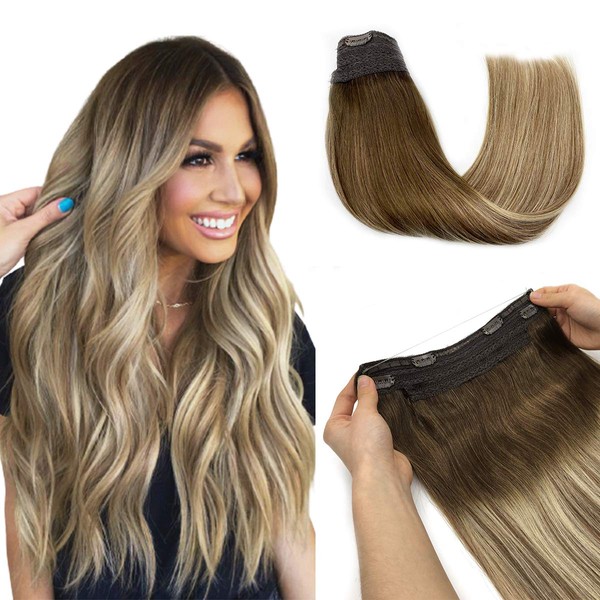 Halo Hair Extensions, Fish Line Human Hair Extensions, Flip in Remy Hair Extensions, Walnut Brown to Ash Brown and Bleach Blonde Secret Hair Extension, Straight Hidden Wire Hair Extensions, 12 inch