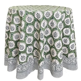 ATOSII Kari Green 100% Cotton Round Boho Spring Summer Tablecloth, Block Print Floral Table Cloth Linen for Dining, Parties, Weddings, OutdoorsI Home Table Decor 90" Inches Round