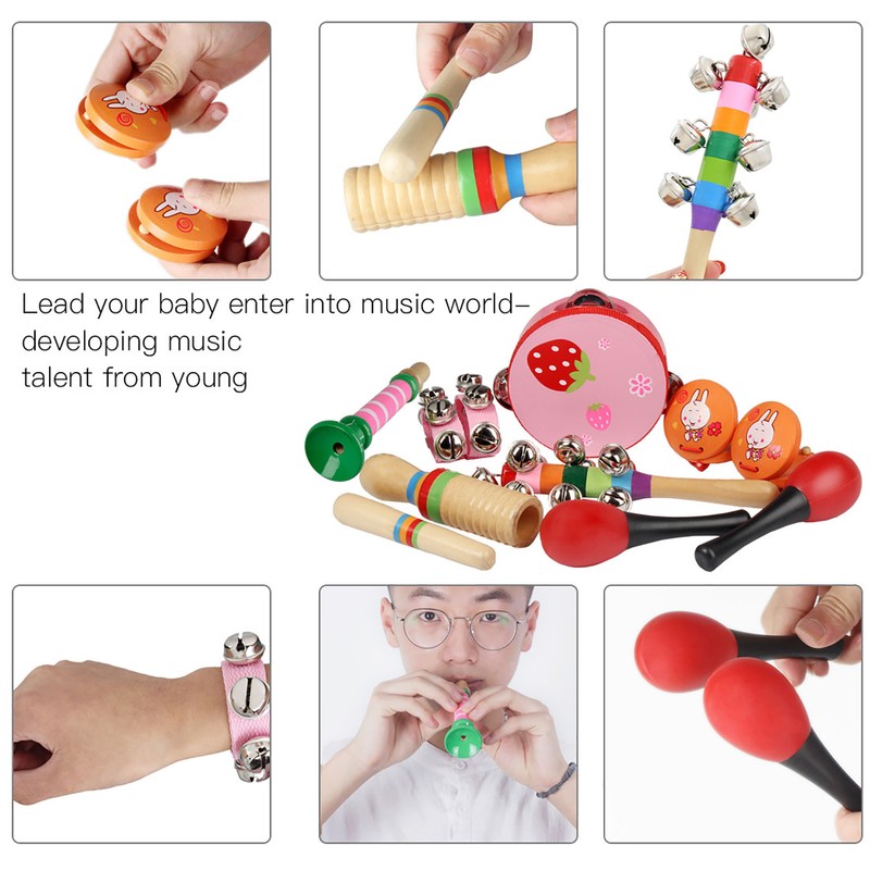 10Pcs Kids Children Educational Musical Percussion Instruments Set Toy Tambourine