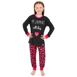 Girls Pyjamas All Day Heart Pink Black Cotton Long Pyjamas (15-16 Years)