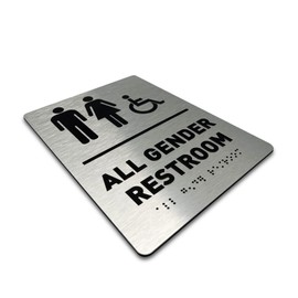 All Gender Restroom Sign by GDS - ADA Compliant, Wheelchair Accessible, Raised Icons, & Grade 2 Braille - Includes Adhesive Strips for Easy Installation - Bathroom Sign, Bathroom Signs for Business, Restroom Signs for Business - 6" W x 8" H (Brushed Aluminum) - Made in USA