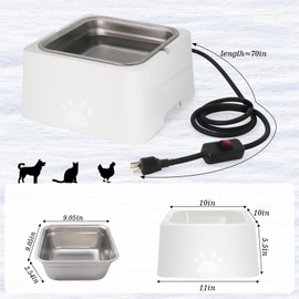 Large Heated Dog Bowl for Outdoor,Winter Waterer Bowl Removable Stainless Automatic Dog Water Bowl,1 Gallon Large Capacity Outside Animal Heated Waterer Bowl for Dog,Cat Rabbit,Chicken,Duck (White)