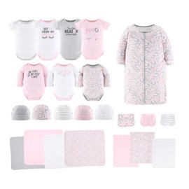 The Peanutshell Baby Layette Gift Set for Baby Girls - 23 Piece New Born Girl Gift Set, Clothes & Newborn Essentials Must Haves - Girl Clothes 0-3 Months - Pink & Grey