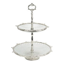 Brass & Crystal Glass 2-Tier Serving Tray Stand – Silver Nickel Finish, Elegant Tiered Dessert Platter, 14 x 10.5 Inch Display Tray for Parties & Entertaining