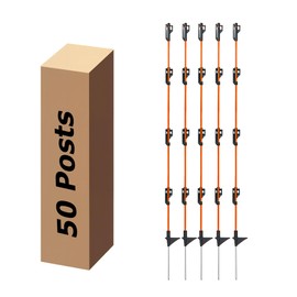 48 Inches Electric Fence Fiberglass Posts, 50 Pack Step in Electric Fence Post, Temporary Portable Fence Stakes for Livestock, Big Insulator, Orange