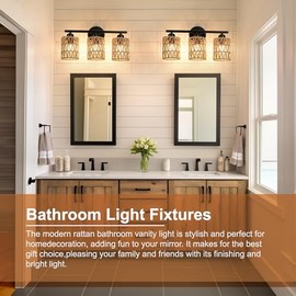 FRIDEKO HOME - Frideko - Luminarias de tocador de baño de 3 luces, luminarias modernas de ratán para baño sobre espejo, apliques de pared...