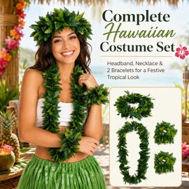 Hawaiian Headpiece 4 in 1 Green Hawaiian Party Garland Set Artificial Leaves Headband Lifelike Leaves Necklace Loop Bracelet for Beach Party Summer Costume