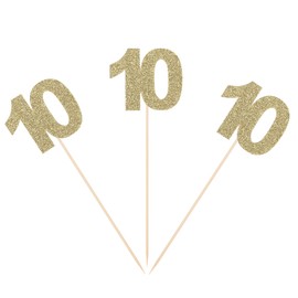Gold Glitter 10th Birthday Centerpiece Sticks Number 10 Table Toppers for Adult Birthday 11th Anniversary Flower Picks - Pack of 10