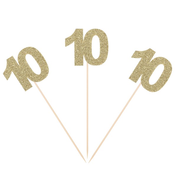 Gold Glitter 10th Birthday Centerpiece Sticks Number 10 Table Toppers for Adult Birthday 11th Anniversary Flower Picks - Pack of 10
