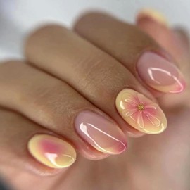 Viugex 24Pcs Press on Nails Short Almond, 3D Flower French Tip False Nails, Glossy Yellow Pink Gel Fake Nails Set, Perfectly Fit, Elegant Acrylic Stick on Nail Reusable for Women Daily Wedding Wear