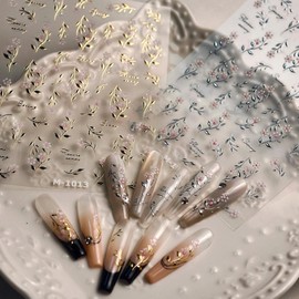 Leaf Flower Nail Stickers Gold Branch Nail Designs 3D Self-Adhesive Silver Leaf Nails Supplies 5D Embossed White Pink Floral Nail Decals Summer Nail Art Decoration for Women DIY Manicure 2 Sheets