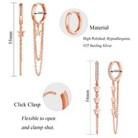 Josfeva Silver Hoop Earrings Hanging, 925 Sterling Silver Huggie Hoop Earrings for Women Hypoallergenic Drop Earrings with Two Long Tassel Chain, Drop Dangle Earrings with Gift Box, Rose Gold, No