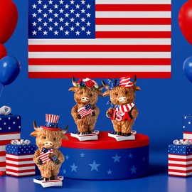 Foilswirl 3 Pcs 4th of July Decorations Patriotic Highland Cow Figurines Memorial Day Decorations Resin Highland Cow Decor Red Blue White Calf Resin Statue for Independence Day Gifts(4th of July)