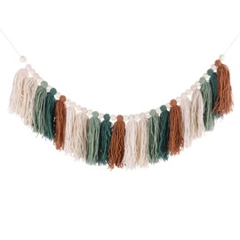 sourcing map Bohemian Yarn Tassel Garland with Wood Beads,3.9Ft Green Brown Cream Beige Forest Wall Hanging Tassels Banner Western Room Decor for Bedroom Office Nursery Party Decorations