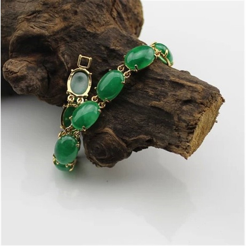 yigedan 18KGP Green Jade Natural Stone Egg Shaped Bracelet for
