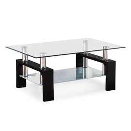 Mecor Rectangle Glass Coffee Table-Modern Side Coffee Table with Lower Shelf Black Wooden Legs-Suit for Living Room