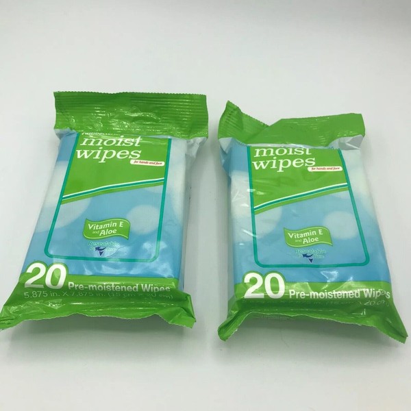 2 Pkgs New~20 Moist Wipes Face Hands Travel Sz EXPIRATION 01/22, 40 Wipes Total