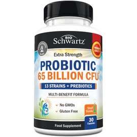BioSchwartz Probiotic 65 Billion CFU - Prebiotic & Probiotic Supplement for Digestive Health - Lactobacillus Acidophilus, 13 Strains, Targeted Release, Non-GMO, Shelf-Stable - 30 Capsules