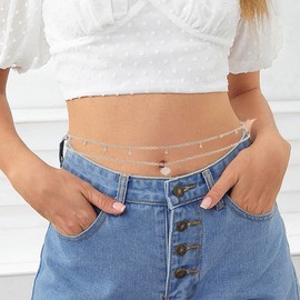 Wriidy Layered Silver Beaded Waist Chain Gold Belly Chain Women Body Jewelry Accessories for Beach, 24+8 inches, Non-Precious Metal, No Gemstone