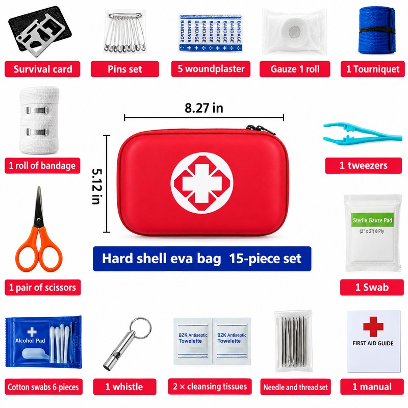 15-Piece First Aid Kit with Hard Shell EVA Case –