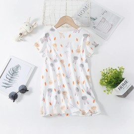 Xrknofio Kid Girls Sleep Shirt Nightgowns Summer Carrot Bunny Sleepover Cotton Nightdress Nighties Sleepwear for 2-12 Years White Size 6-7Years/130