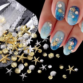 FINGCRO Starfish Nail Charms About 200Pcs Pearl Nail Rhinestones Gold Shell Nail Gems Bedazzling Gems for Women DIY Summer Nail Art Supplies 4
