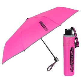 PERLETTI Small Children's Umbrella Pink for Girls - Pink Children's Umbrella Reflective with Pink Purple Motif - Pocket Umbrella Compact Windproof Storm Resistant 7+ Years - Diameter 91 cm, fuchsia
