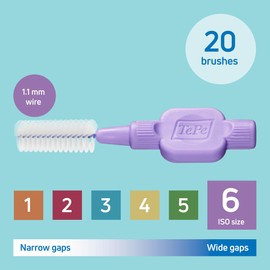 TePe Interdental Brush, Extra Soft, Purple, 1.1mm/ISO 6, 20pcs, Plaque Removal, Effective Cleaning Between Teeth, Dental flosser for Large Gaps