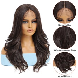 YOKAS Long Wavy Brown Synthetic Lace Front Wig 13x4x1 Hd Transparent Lace Front Wigs 22 Inch Middle Part Synthetic Heat Resistant Fiber Wig Pre-Plucked Hairline with Baby Hair for Daily Party Use（4#）