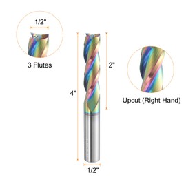 sourcing map Spiral Router Bit 1/2" Cut Dia 1/2" Shank Up Cut Solid Carbide Diamond-Like Carbon Coated 3 Flutes CNC End Mill Milling Bits for Aluminum Copper Metal (2" Cut Length 4" Long)