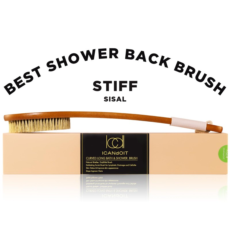 ICANdOIT-17.71Inch Natural Stiff Sisal Bristles Anti-Slip Curved Long Handle Bath