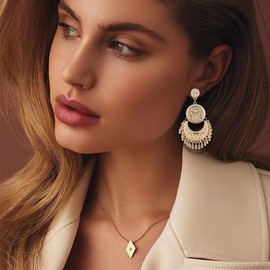 Vintage Chandelier Earrings Beaded Tassel Earring for Women Bohemian Ethnic Retro Style Gold Silver Chandelier Tassel Dangle Drop Earrings Boho Statement Cut-out Dangling Chandelier Earrings Charm Hollow Crescent Carved Round Bead Tassel Earrings Persona