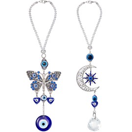 2 piezas de adorno colgante de coche con mal de ojo azul malvado, accesorios para espejo retrovisor de coche, decoración colgante de ojo malvado, mariposa, colgante de coche para ventana, puerta de
