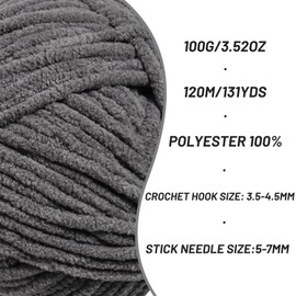 Plush Chenille Chunky Crochet Yarn - Baby Yarn for Crocheting Soft - Velvet Yarn Knitting for Blankets Crafts - Fluffy Amigurumi Yarn 100g / 131yd (Dark Gray)